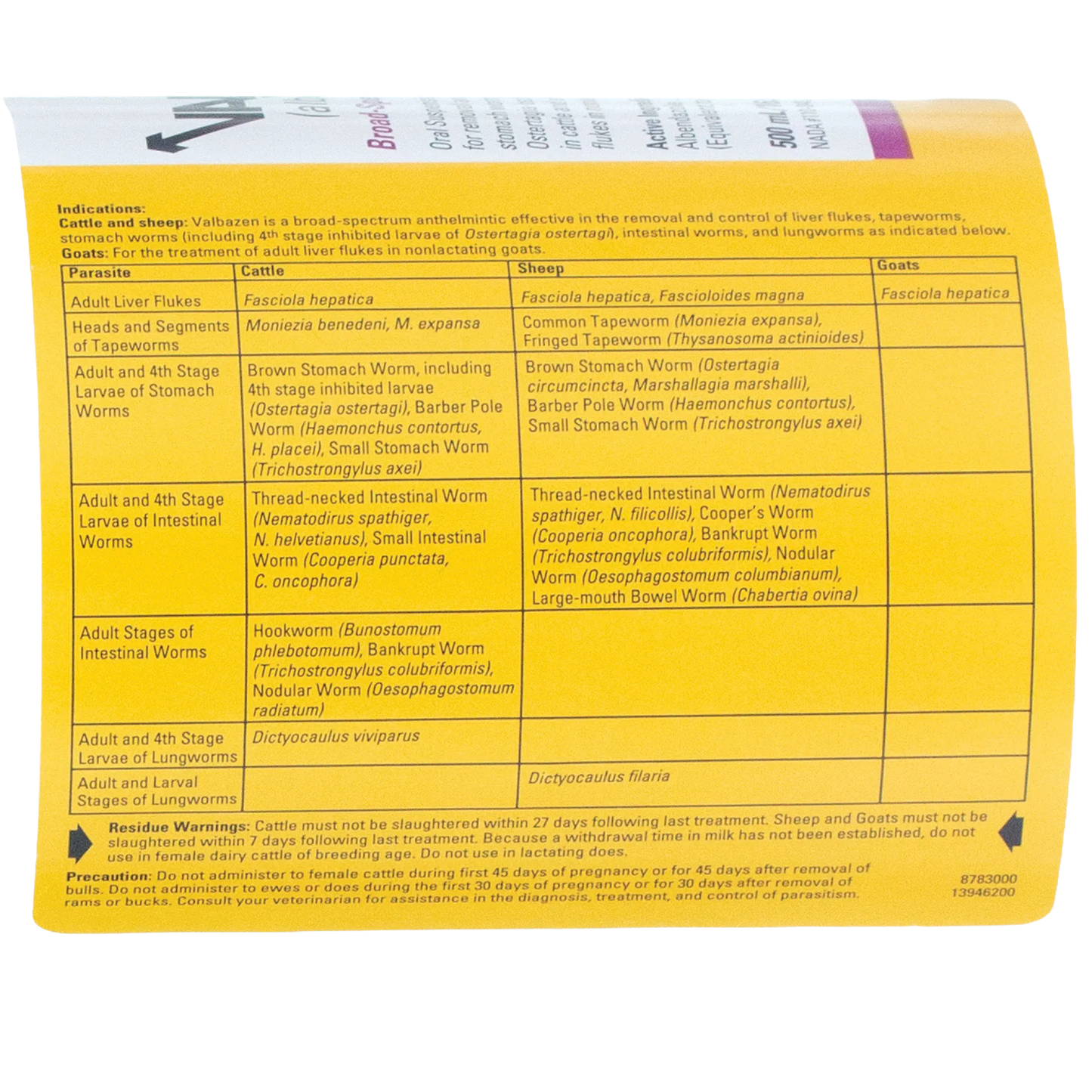 Valbazen® for Goats, Sheep, & Cattle,"Bottle back label with yellow parasite chart"