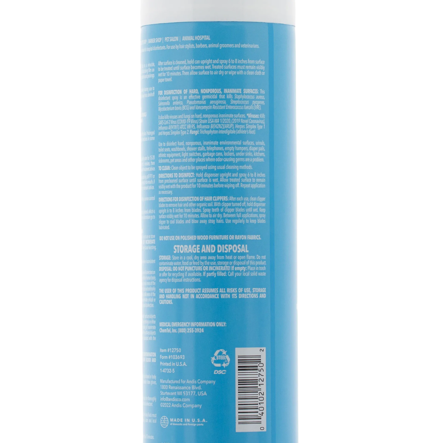Andis® Cool Care Plus®,"Back view of blue aerosol can with barcode"