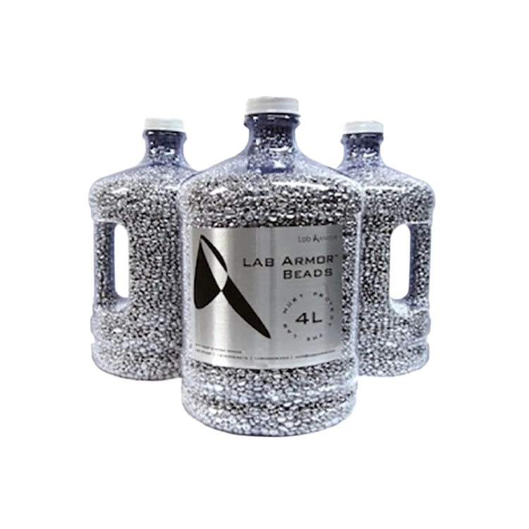Aluminum Bath Beads,"Three handled bottles filled with silver beads"