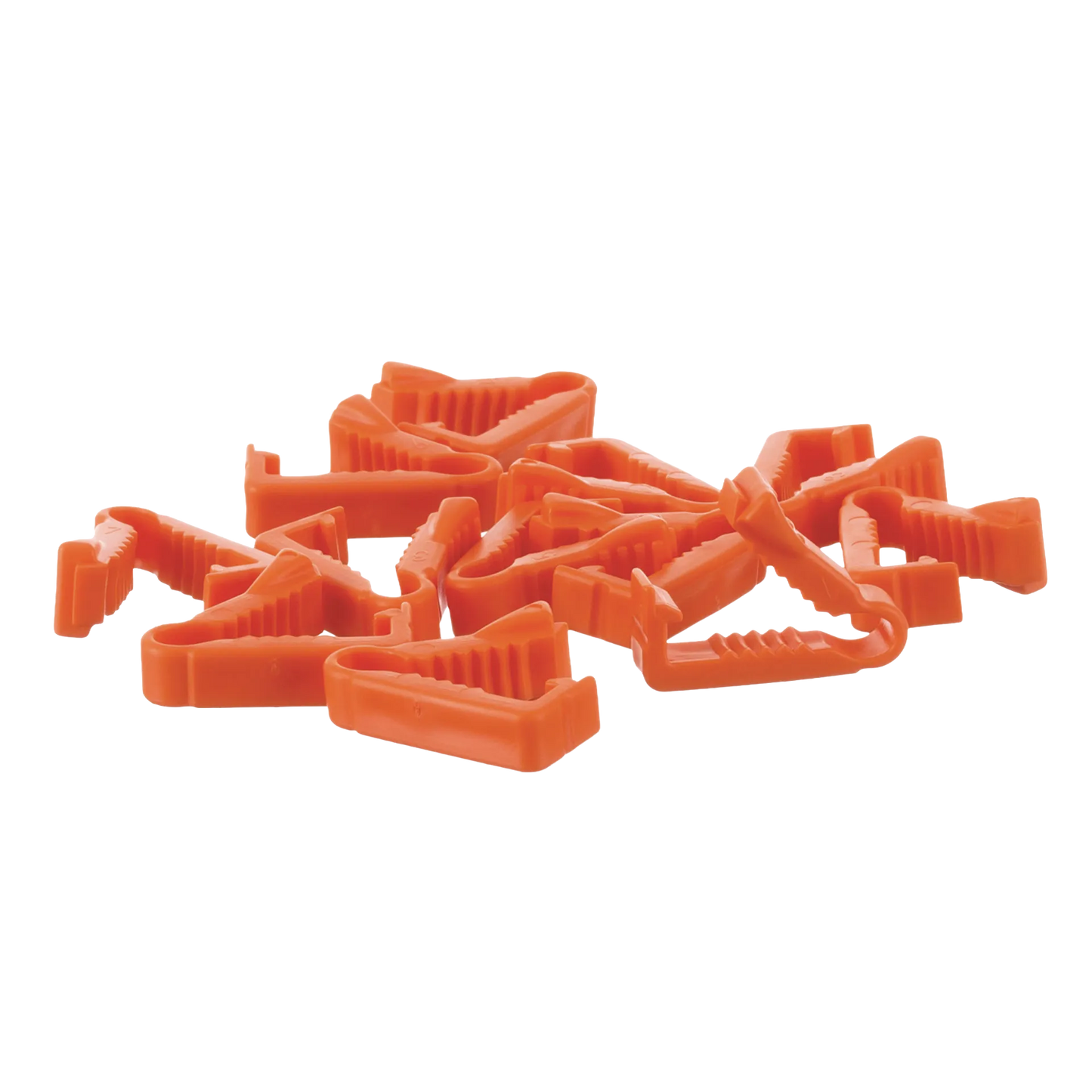 Breeder's Edge® Clean Cut™ Umbilical Clamps,"Scattered group of orange plastic umbilical clamps"