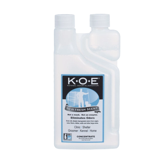 KOE® Kennel Odor Eliminator,"White bottle with built-in measuring chamber and screw caps"