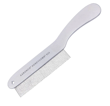 "Aaronco 8.5"" Shorthair Honeycomb","Metal grooming comb with curved handle and fine teeth"