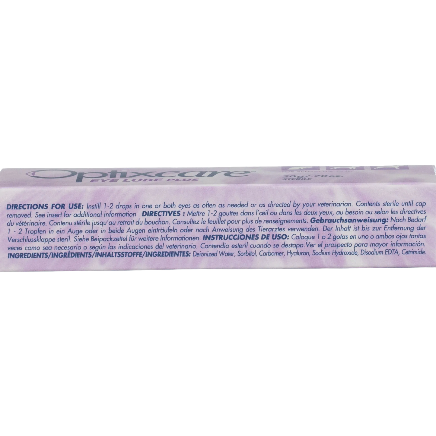 "OptixCare® Eye Lube Plus for Dogs, Cats, and Horses","Side view of boxed eye drops packaging with directions panel"