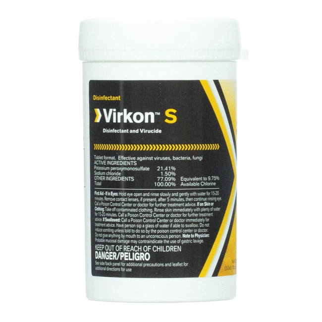 Virkon™ S Disinfectant & Viruscide,"White plastic jar with black and yellow front label"