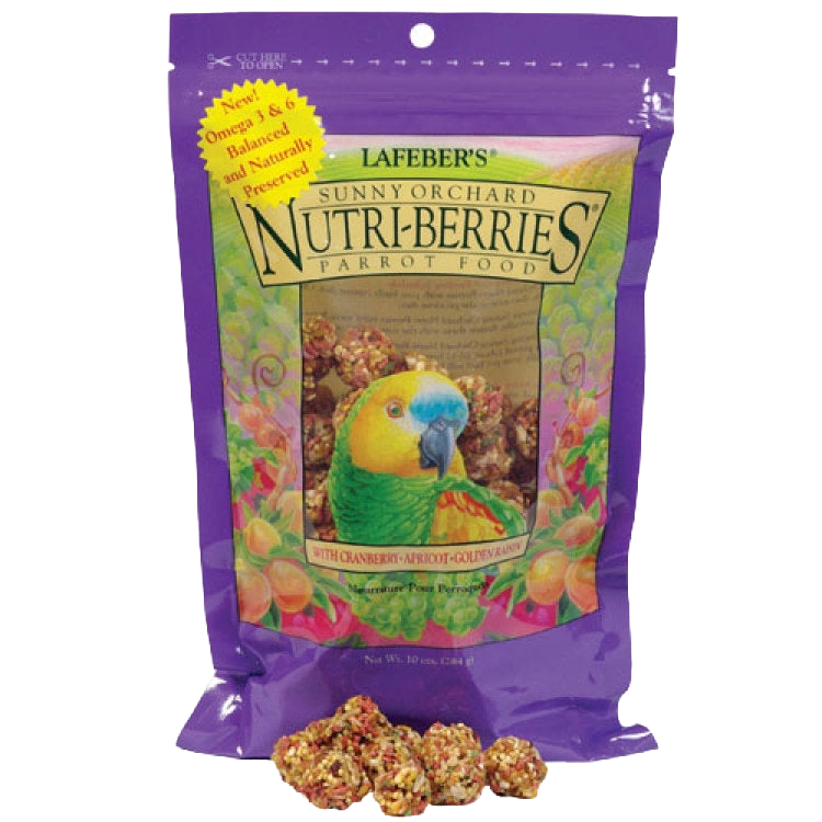 Lafeber Gourmet Sunny Orchard Nutri-Berries,"Purple resealable bag with parrot graphic and berry pieces"
