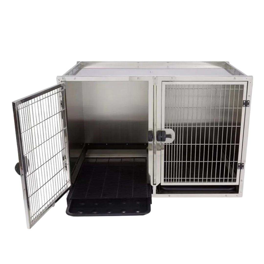 Module Stack Duo Dog Grooming Stainless Steel Cage by Waggz,"Double stainless steel dog cage with open door and floor tray"