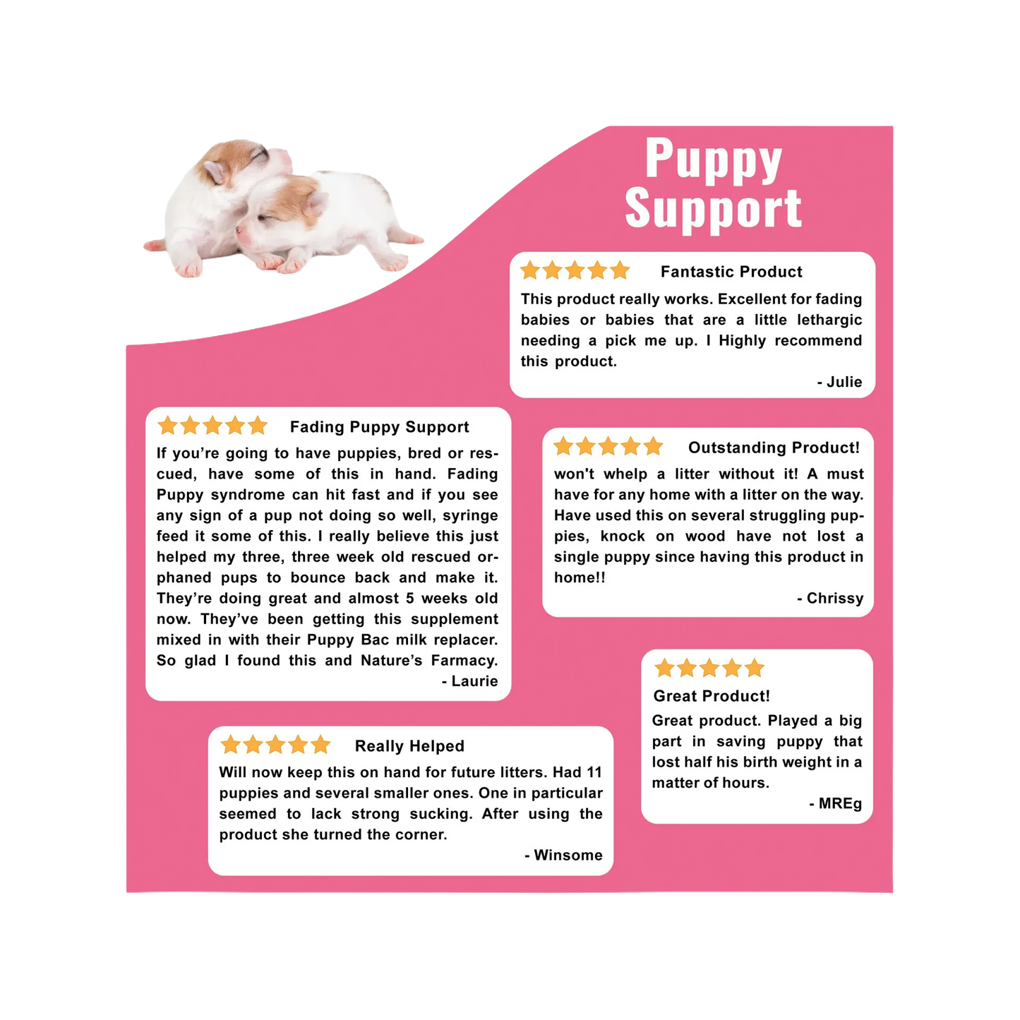 Puppy Support for Fading Puppies,"Two puppies above a pink customer review graphic"