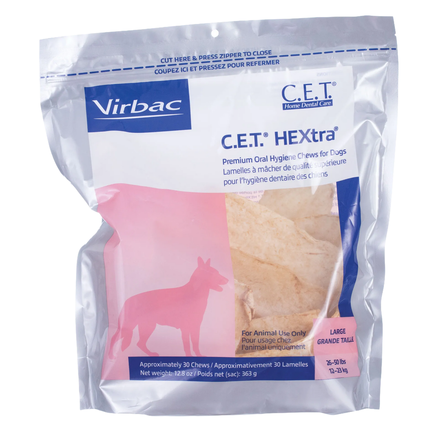 C.E.T.® HEXTRA® Premium Chews for Dogs,"Resealable dog chew bag with visible chews and dog silhouette"