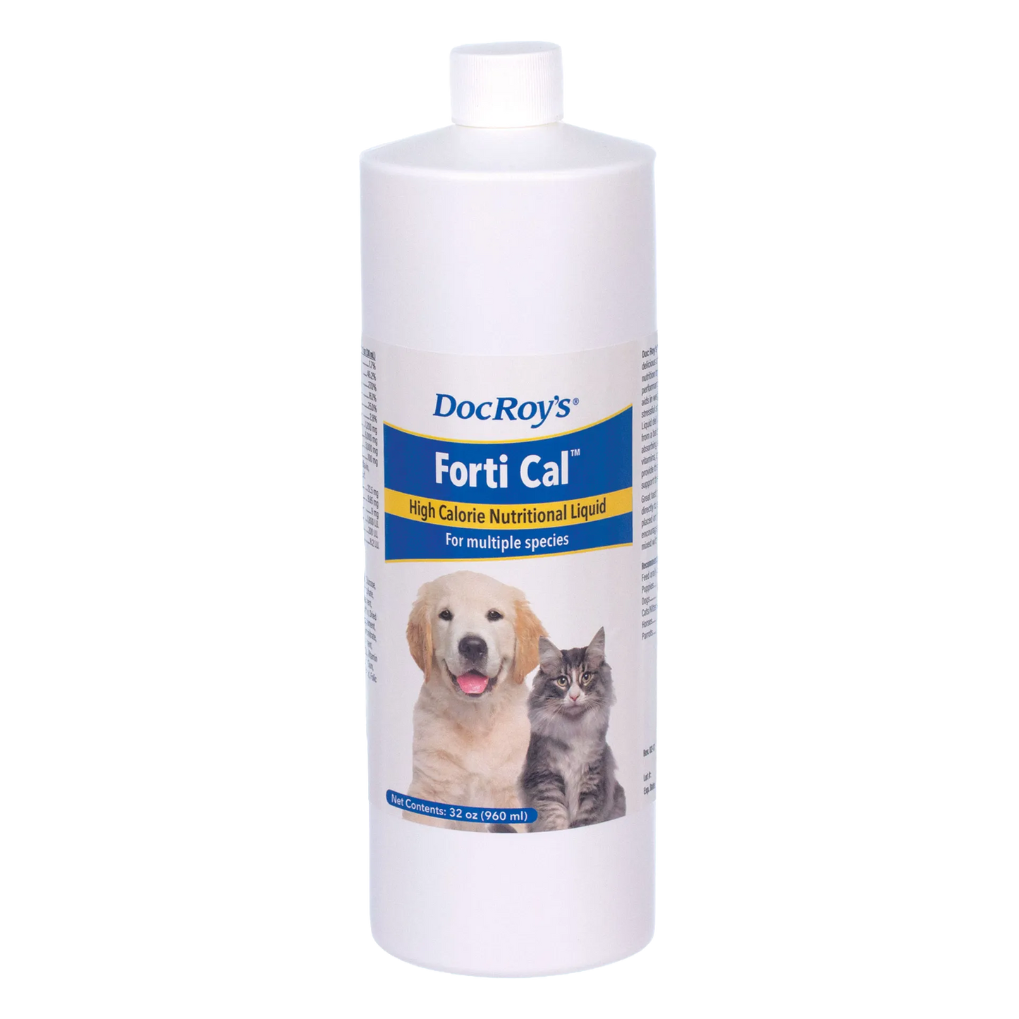 Doc Roy's® Forti Cal™ Liquid,"White bottle with screw cap and dog and cat label"