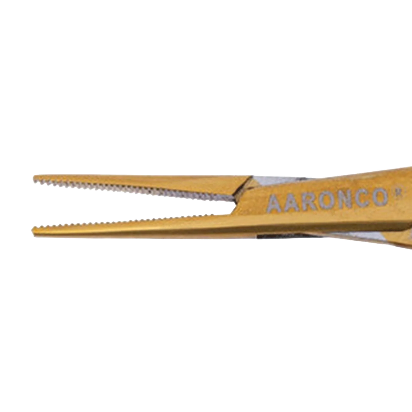 "Aaronco 3.5"" Mini Stat Straight Ear Hair Puller and Tick Remover","Close-up of gold straight tweezer tips with serrated jaws"
