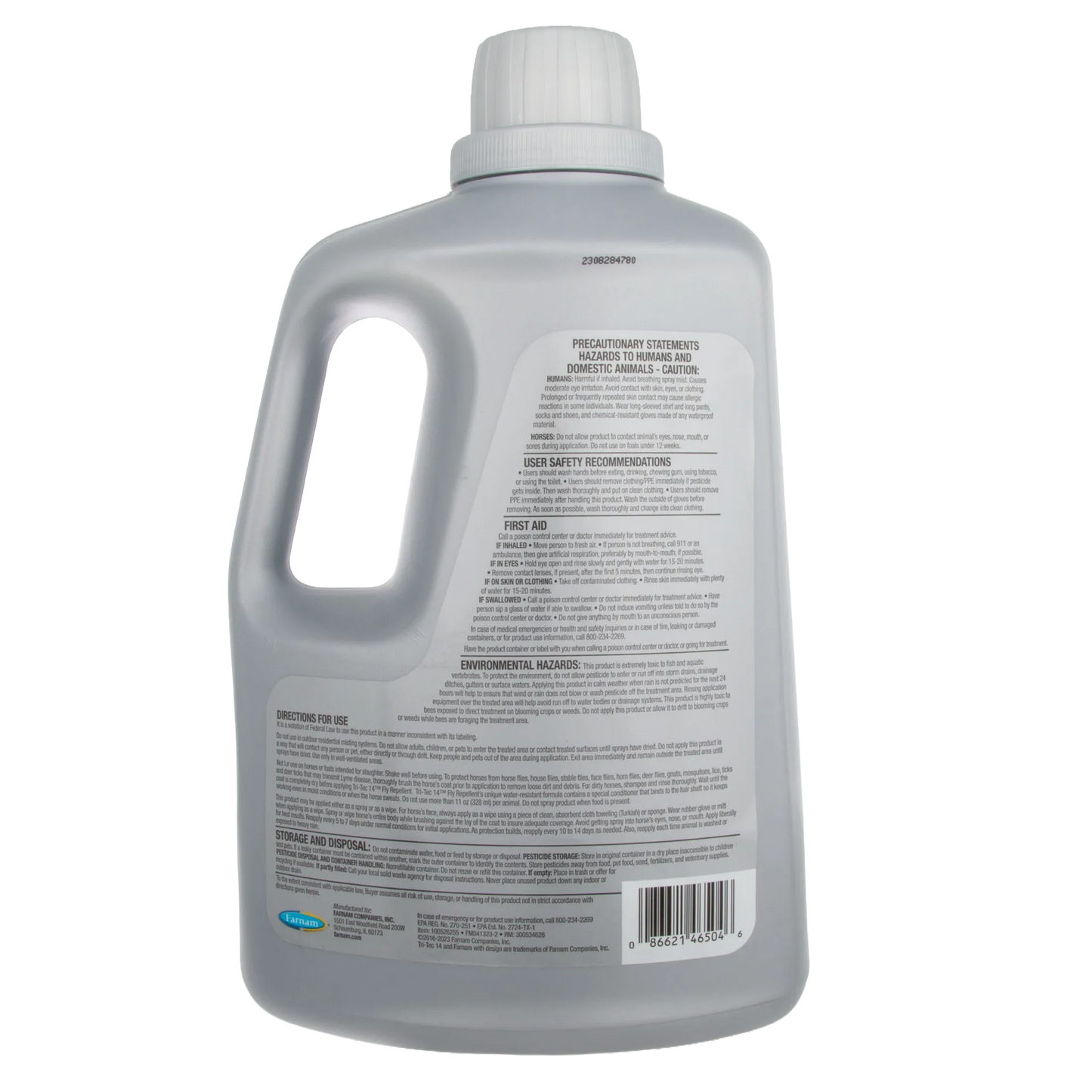 Tri Tec 14™ Fly Repellent + TS,"Back view of gray jug with handle and white cap"