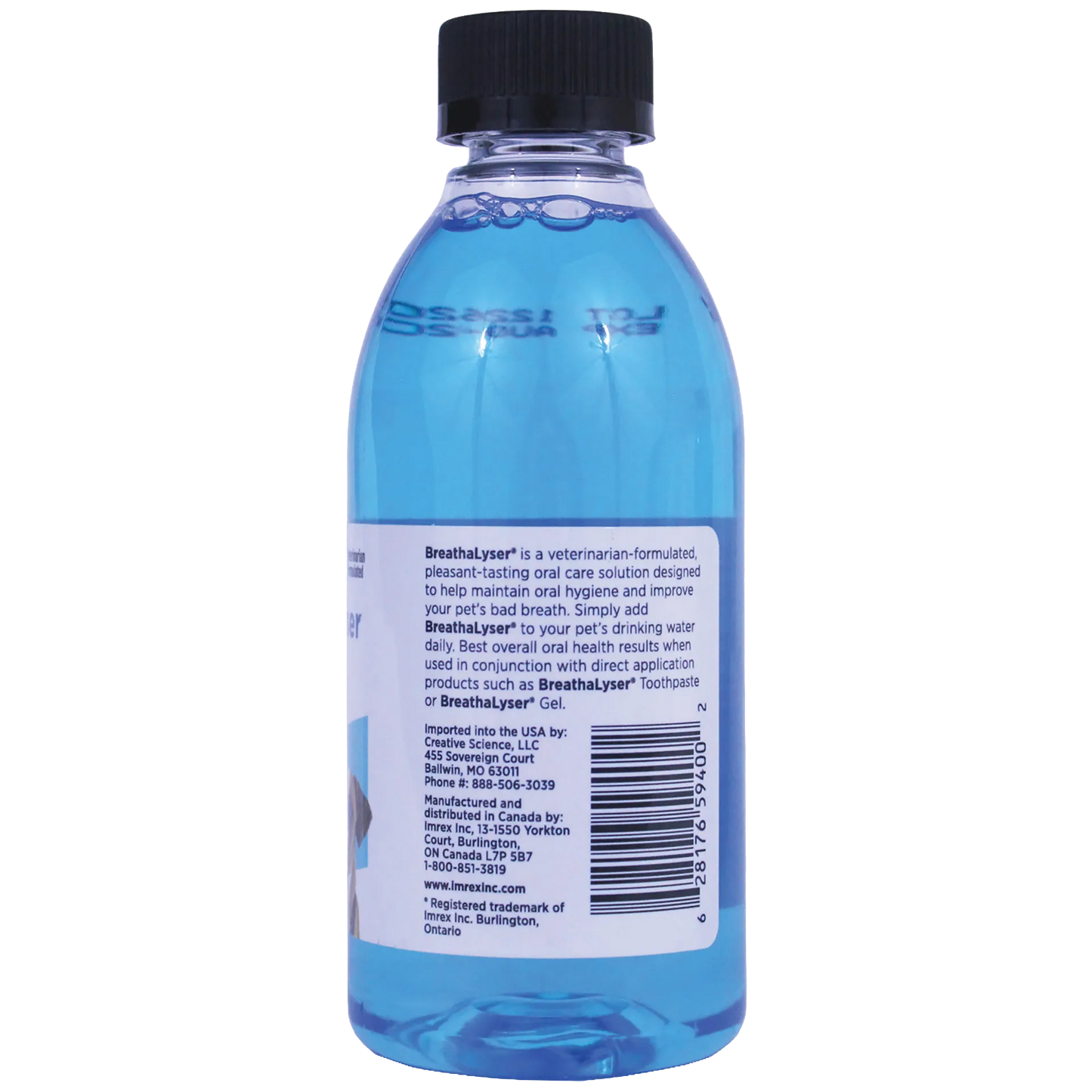 Breathalyser® Drinking Water Additive for Dogs and Cats,"Blue bottle with black cap, back label view"