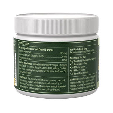 PetAg Dyne Soft Chews Joint Health & Mobility,"White jar with green label, side view"
