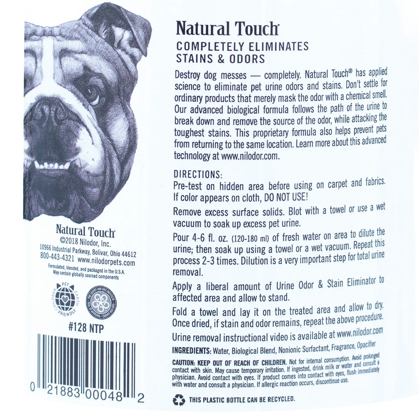 Natural Touch® Urine Odor & Stain Eliminator,"Back label with bulldog illustration and directions"