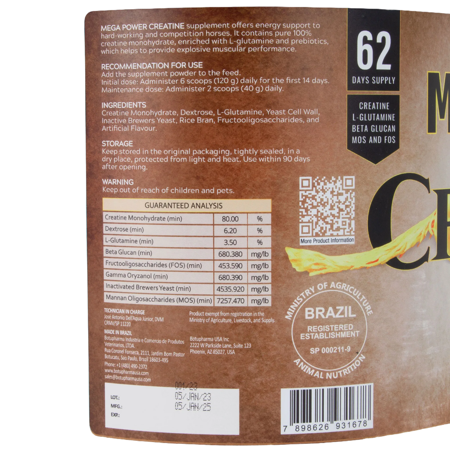 Mega Power Creatine Botumix Supplement,"Back of supplement package with nutrition facts panel and barcode"