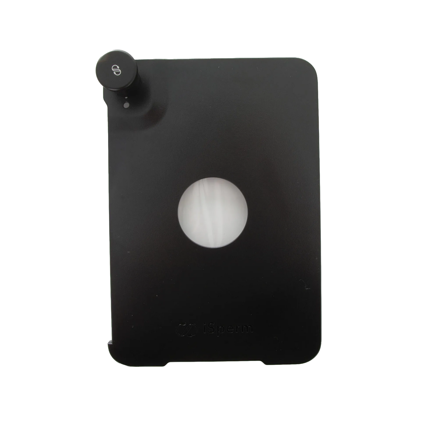 iSperm Semen Analyzer,"Black analyzer unit with circular viewing window and top knob"