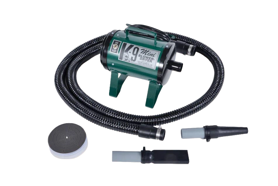 Mini K-9 Dog Dryer,"Green pet dryer with coiled hose and nozzle attachments"