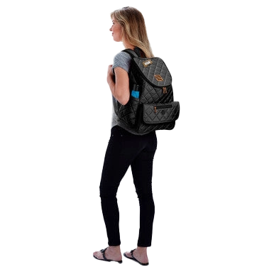 Weekender Backpack,"Woman wearing quilted backpack with front zip pocket"