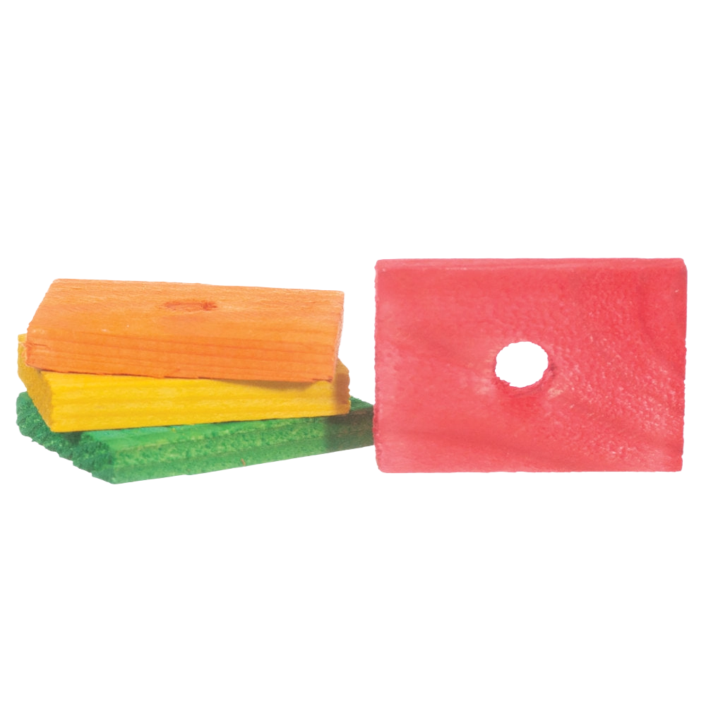 Wood Blocks and Slats,"Stack of colored wooden slats with red block"