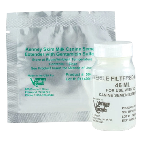 Kenney Skim Milk Canine Semen Extender Kit,"Foil packet and white bottle shown together"