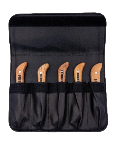 Aaronco Set of 5 Stripping Knife,"Five wooden-handled stripping knives in black storage pouch"