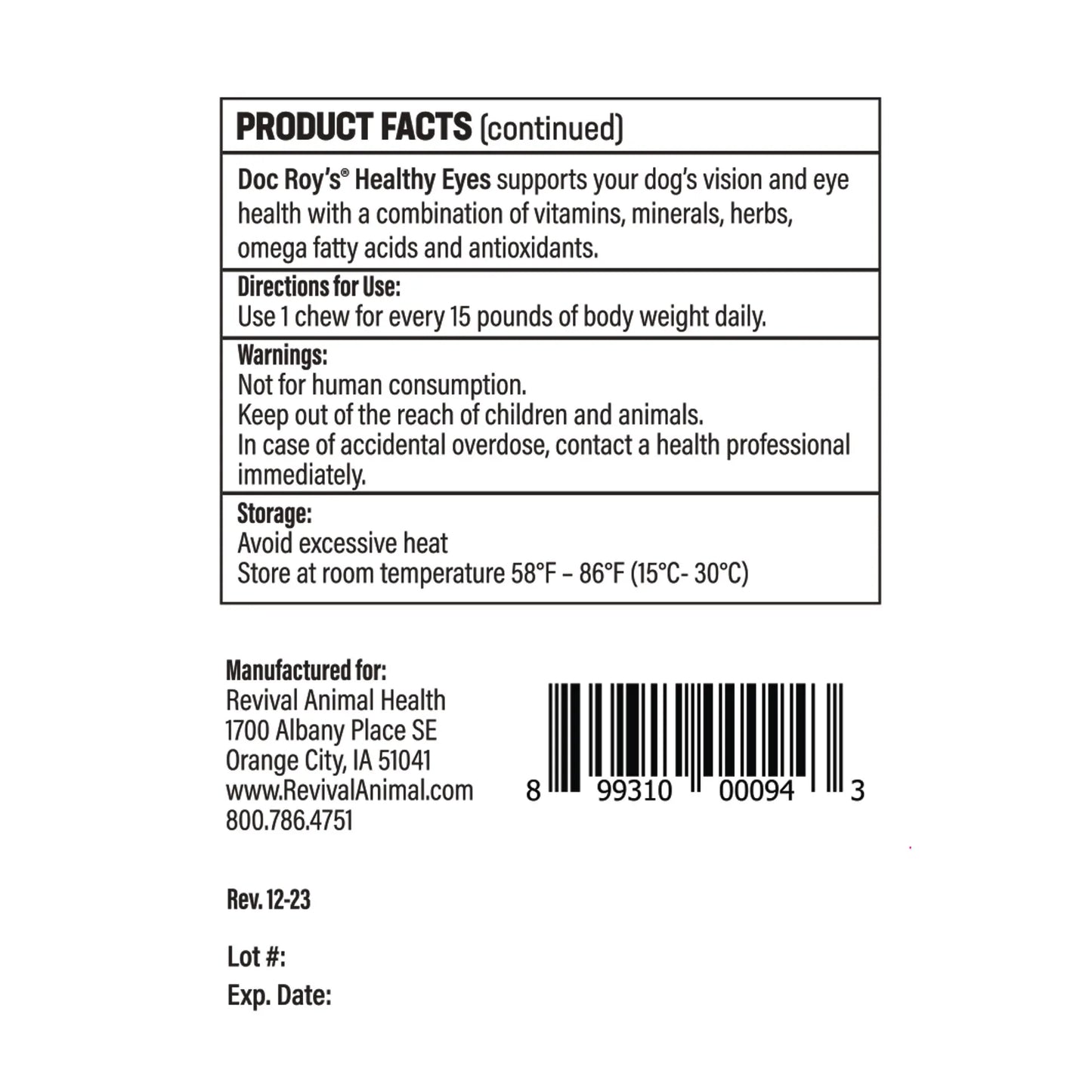 Doc Roy's® Healthy Eyes™,"Back label with product facts and barcode"
