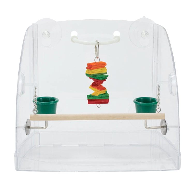 Bird Window Play Center,"Clear window-mounted bird perch with two cups and hanging toy"