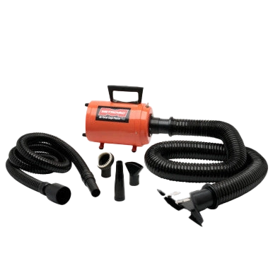 Air Force Blaster Cagemaster Plus Dryer,"Orange pet dryer with black hose and nozzle attachments"