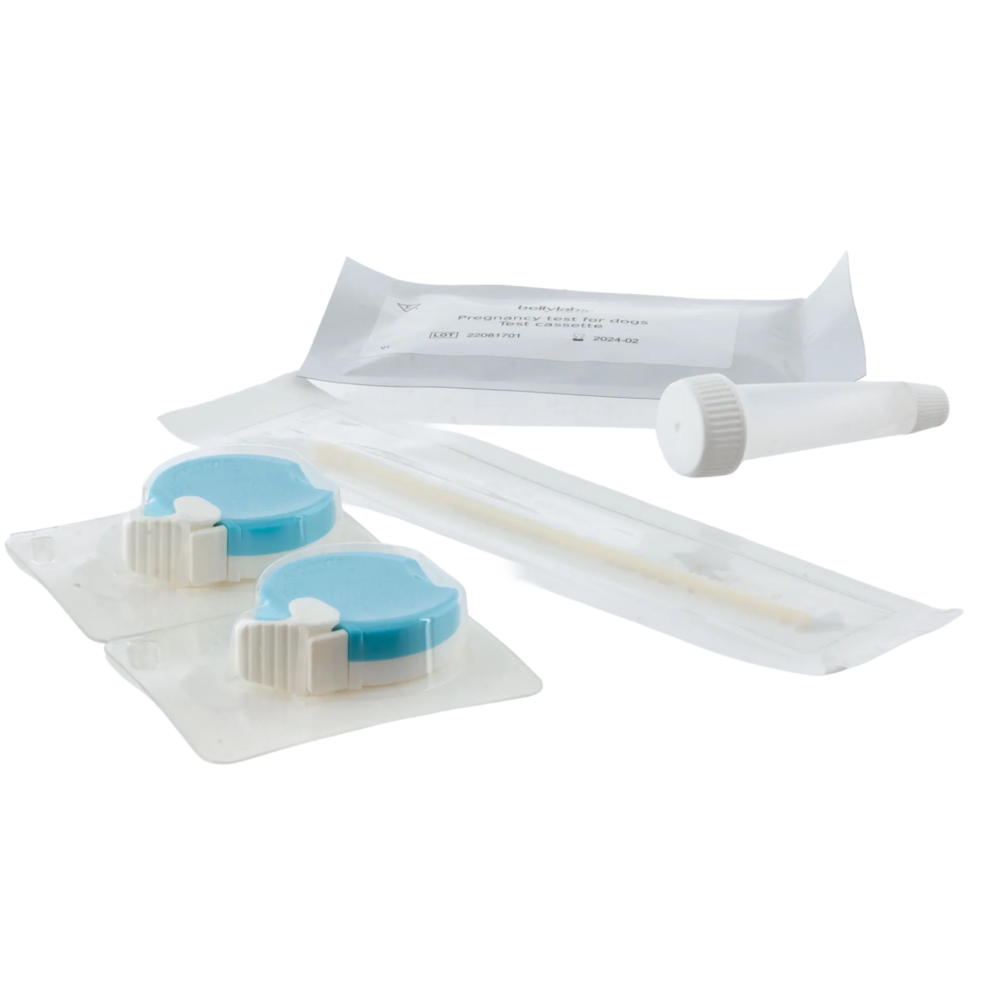 BellyLabs® Canine Pregnancy Test,"Two blue test cassettes with swab, tube, and pouch"