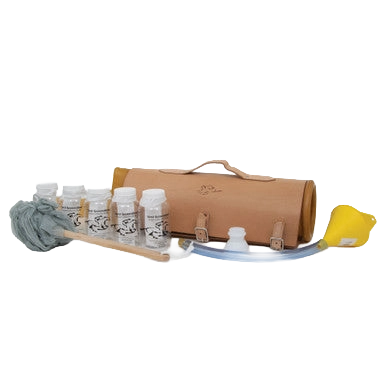 Missouri Complete Set with Leather Cover,"Rolled leather case with bottles, tubing, funnel, and accessories"