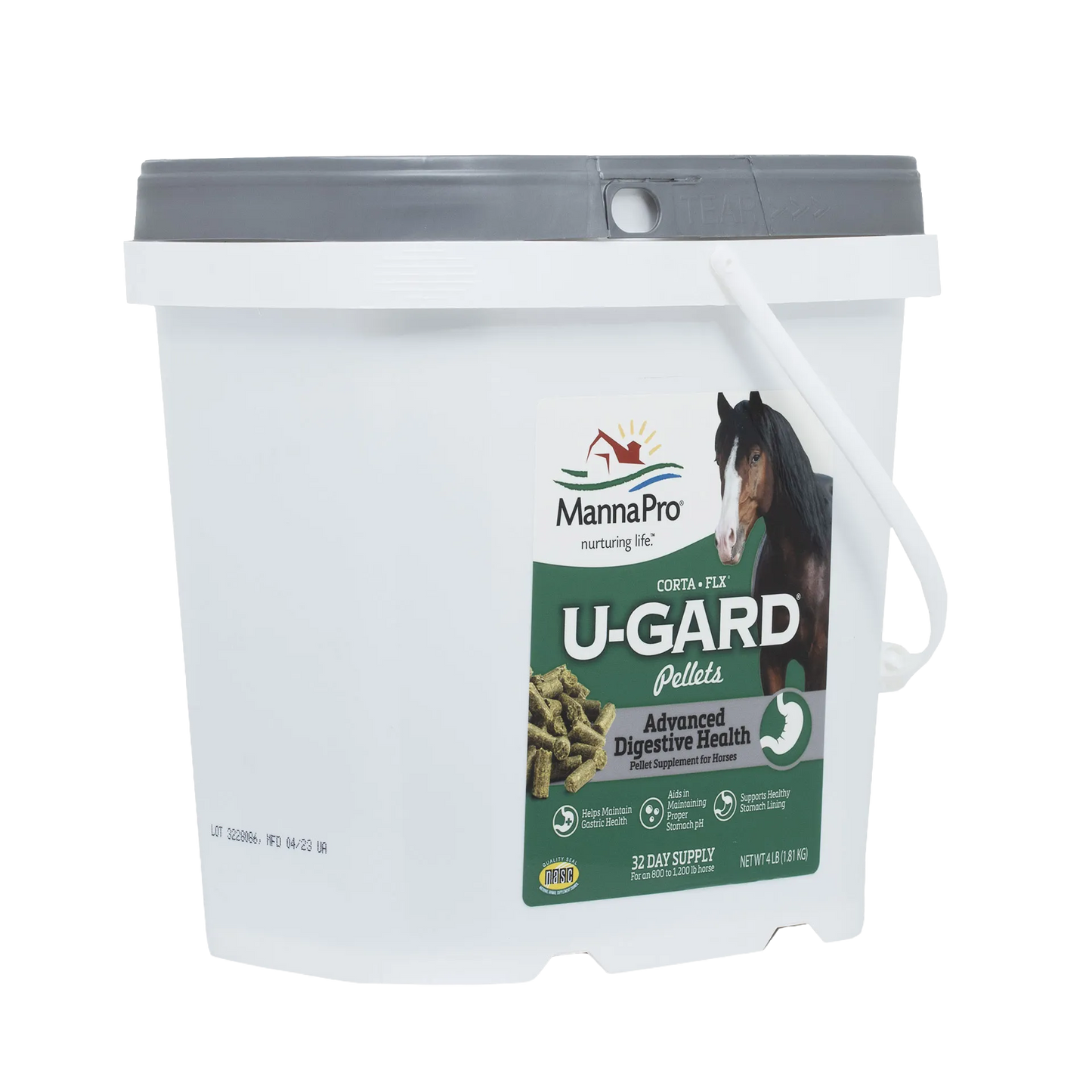 U-Gard® Pellets for Horses,"White plastic bucket with gray lid and handle"