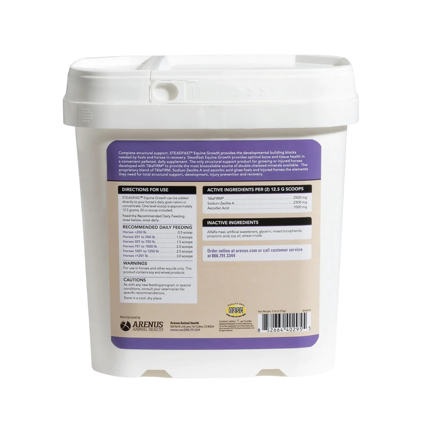 Steadfast® Equine Growth,"White plastic tub with lid, back label view"