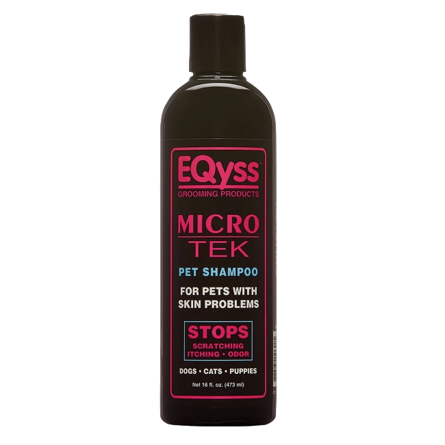 Micro-Tek Pet Shampoo,"Black bottle with pink and blue label"