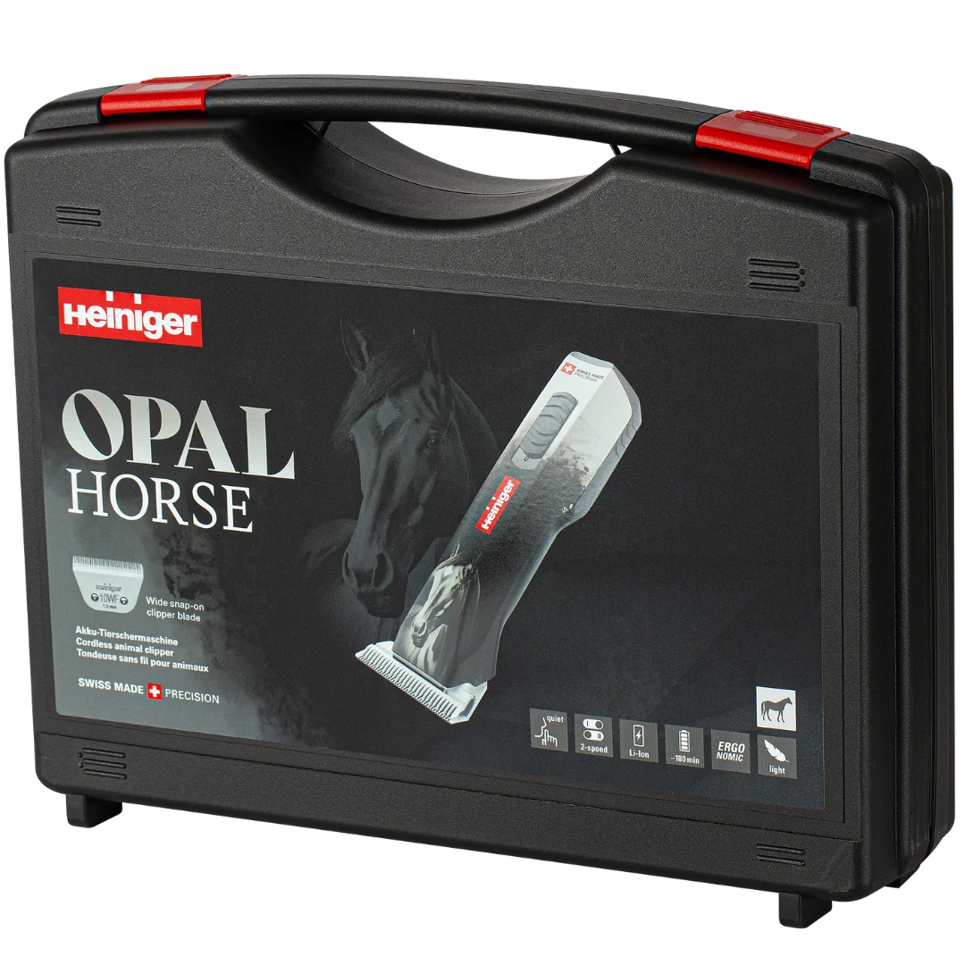Opal Horse Design Cordless Clipper with Two Batteries and Two Free Drives,"Black hard carrying case with red handle latches"