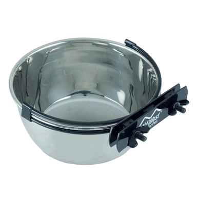 Snapy Fit Water & Feed Bowl,"Stainless steel bowl with black mounting bracket"