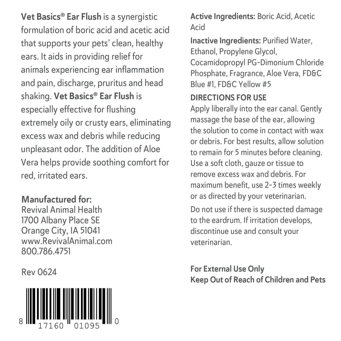 Vet Basics® Ear Flush,"Back label view of bottle with directions and barcode"