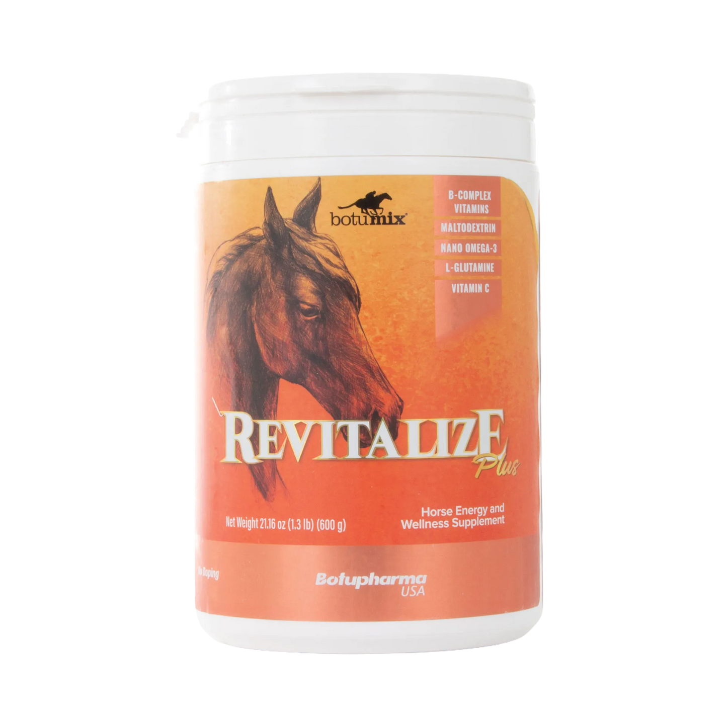 Botumix Revitalize Plus Powder,"White plastic tub with orange horse illustration label"