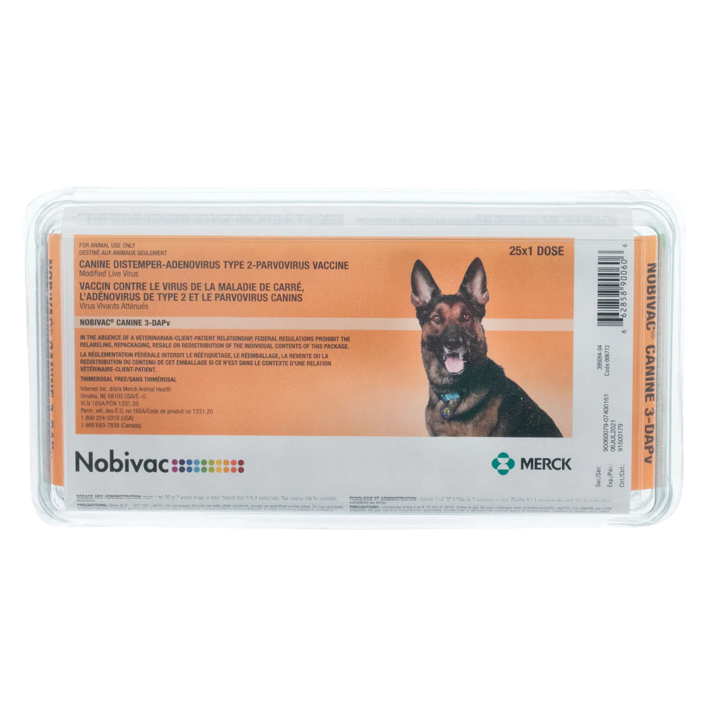 Nobivac® Canine 3-DAPV,"Orange vaccine box in clear plastic tray with German shepherd image"