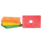 Wood Blocks and Slats,"Stack of colored wood slats with red block featuring center hole"