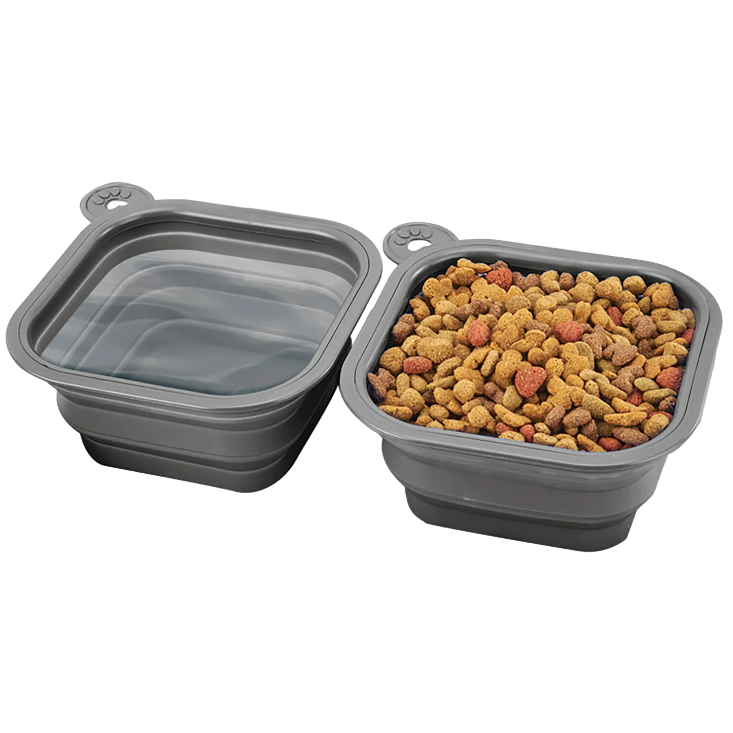 Replacement Collapsible Dog Bowls,"Two gray collapsible bowls, one with water and one with kibble"