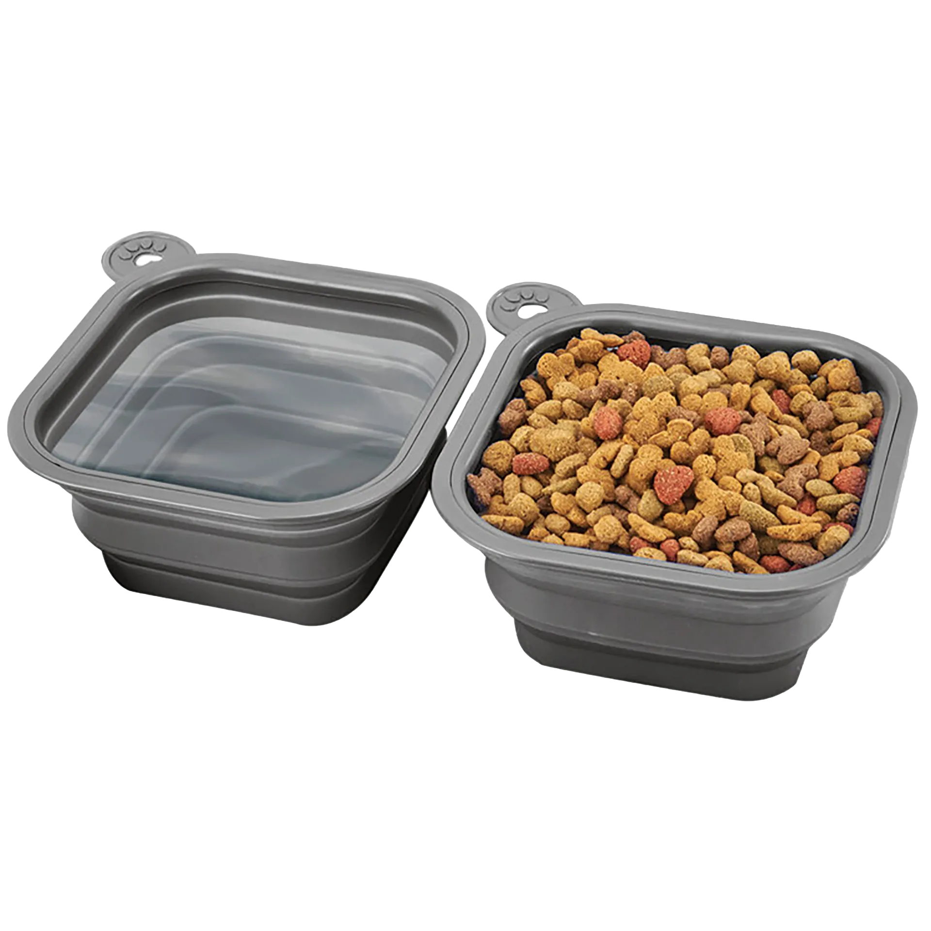 Replacement Collapsible Dog Bowls,"Two gray collapsible bowls, one with water and one with kibble"