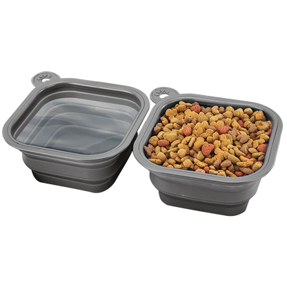Replacement Collapsible Dog Bowls,"Two gray collapsible bowls, one with water and one with kibble"