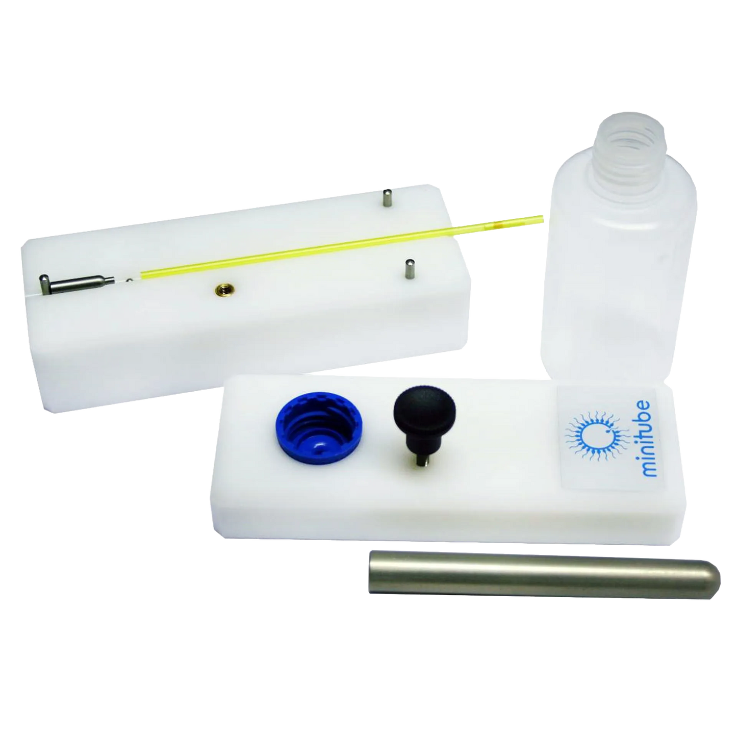 Manual Ball Sealer,"Sealer kit with bottle, white blocks, blue cap, and metal rod"
