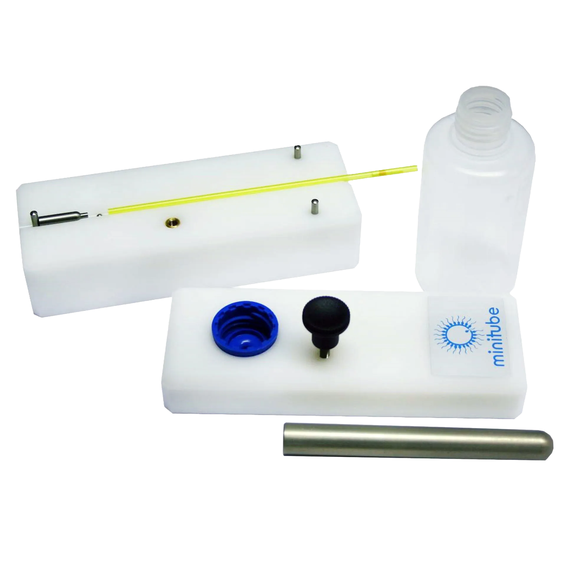 Manual Ball Sealer,"Sealer kit with bottle, white blocks, blue cap, and metal rod"