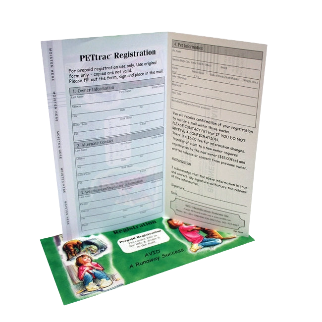 Avid Microchip Registration Forms,"Folded registration form with printed panels"