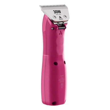 Emerge Clipper Pink with Wide 30 Blade by Andis,"Pink clipper with silver blade, side view"