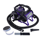 K-9 III Variable Speed Dog Dryer With FREE Water Peeler,"Purple dryer with coiled hose, nozzle, and round attachments"