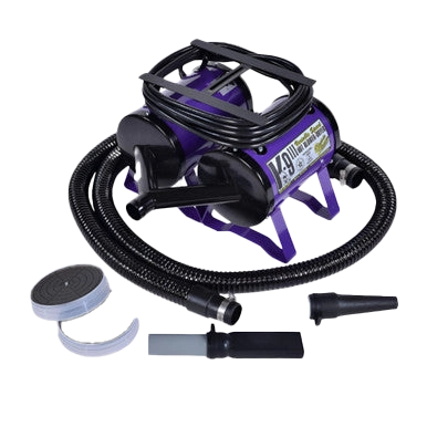 K-9 III Variable Speed Dog Dryer With FREE Water Peeler,"Purple dryer with coiled hose, nozzle, and round attachments"