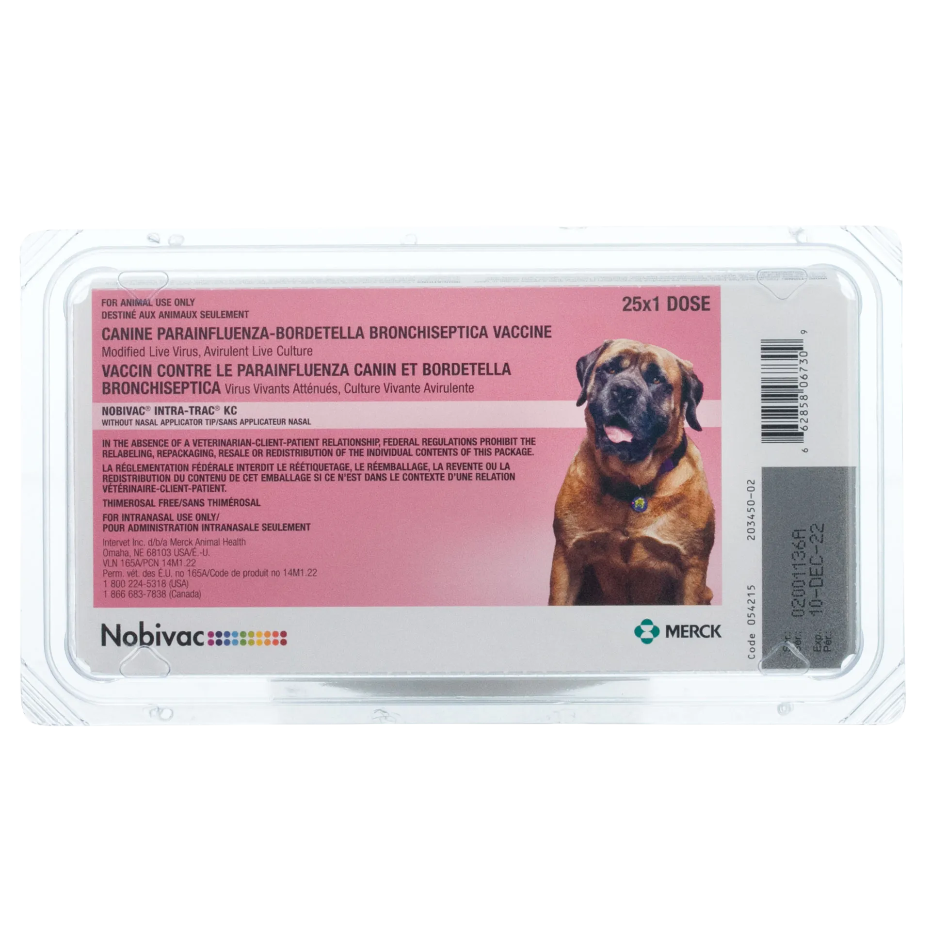 Nobivac® Intra-Trac® KC,"Clear plastic blister pack with pink label and dog image"
