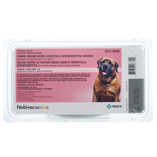 Nobivac® Intra-Trac® KC,"Clear plastic blister pack with pink label and dog image"